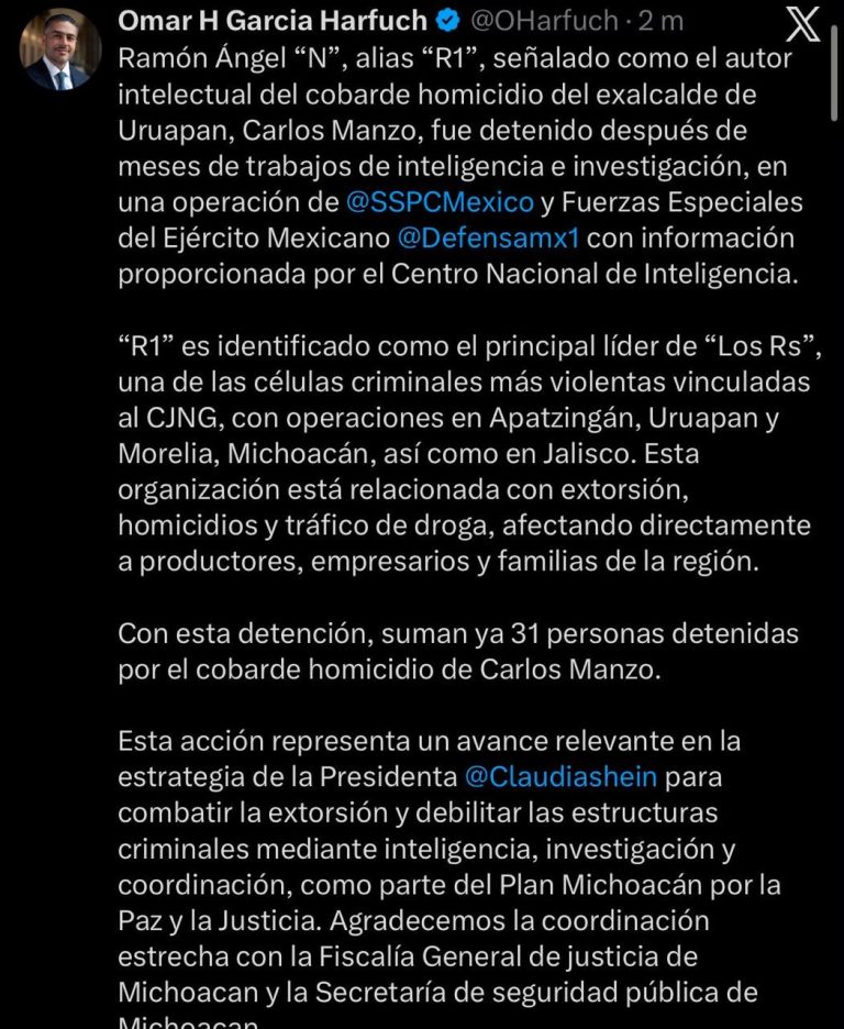 Detienen a «El R1», presunto autor intelectual del homicidio de Carlos Manzo; suman 31 capturados por el caso
