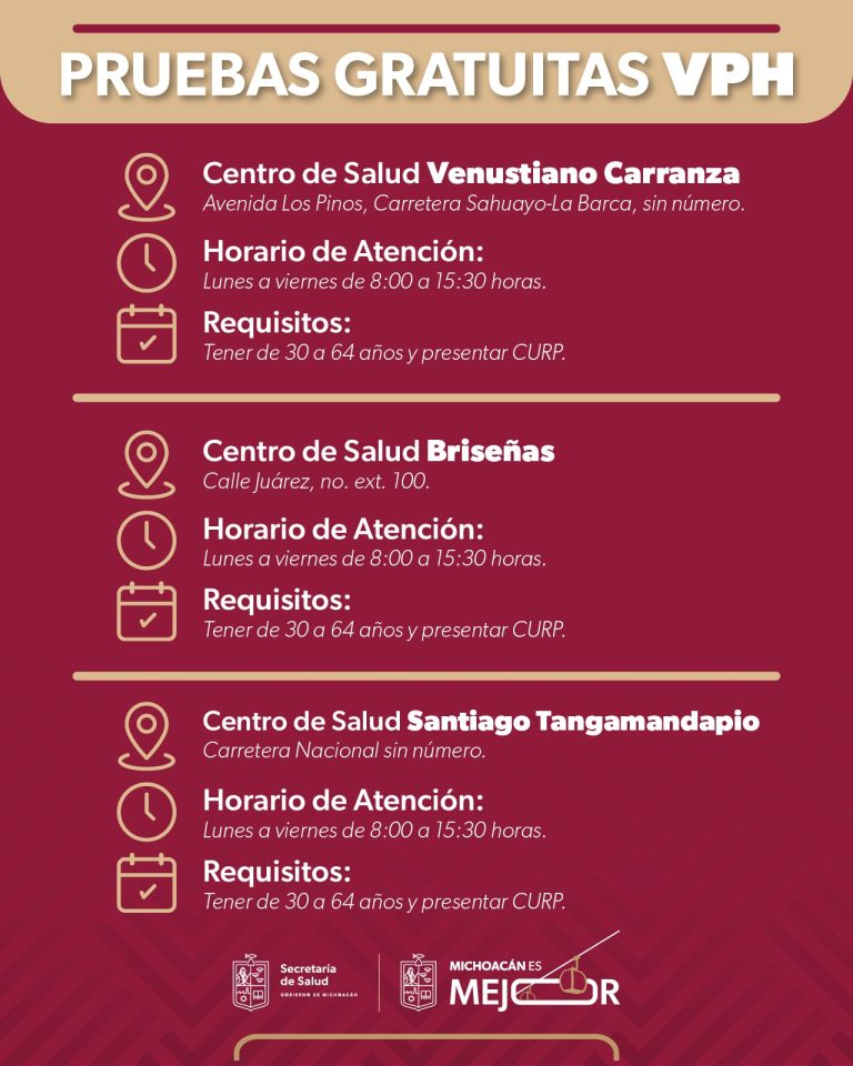 SSM ofrece pruebas gratuitas para VPH en Venustiano Carranza, Briseñas y Tangamandapio