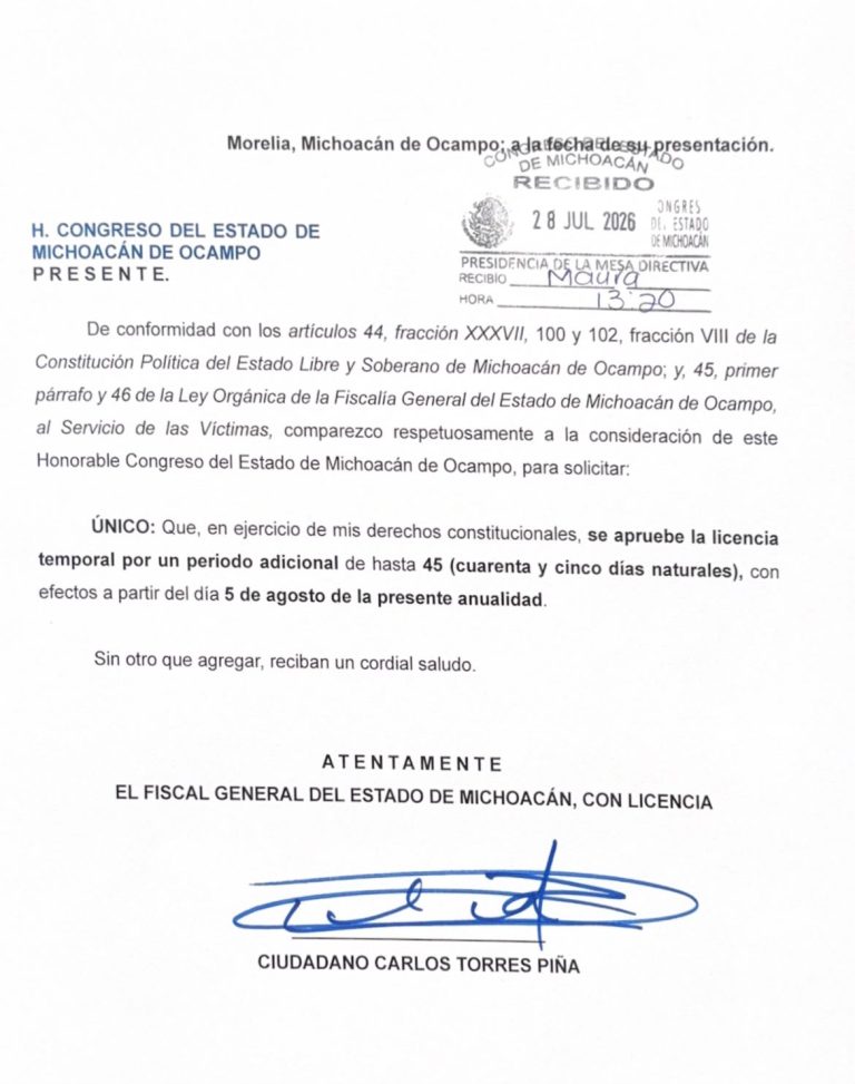 Carlos Torres Piña solicita al Congreso ampliar por 45 días su licencia, continuará recorridos a ras de tierra