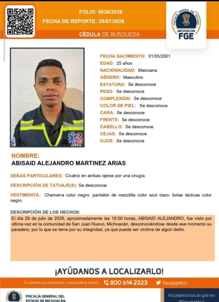 Localizan sin vida a policía municipal y paramédico voluntario reportado como desaparecido en Uruapan