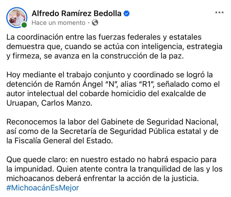 Reconoce Bedolla coordinación estatal y federal para la aprehensión del “R1”, implicado en el caso Carlos Manzo