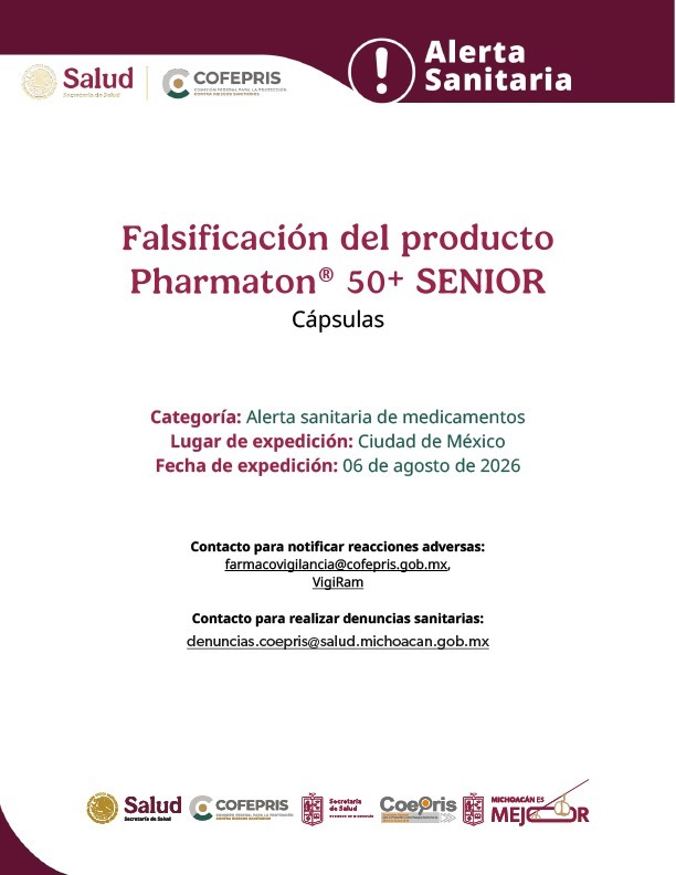 Alerta Cofepris sobre falsificación del producto Pharmaton 50+ SENIOR
