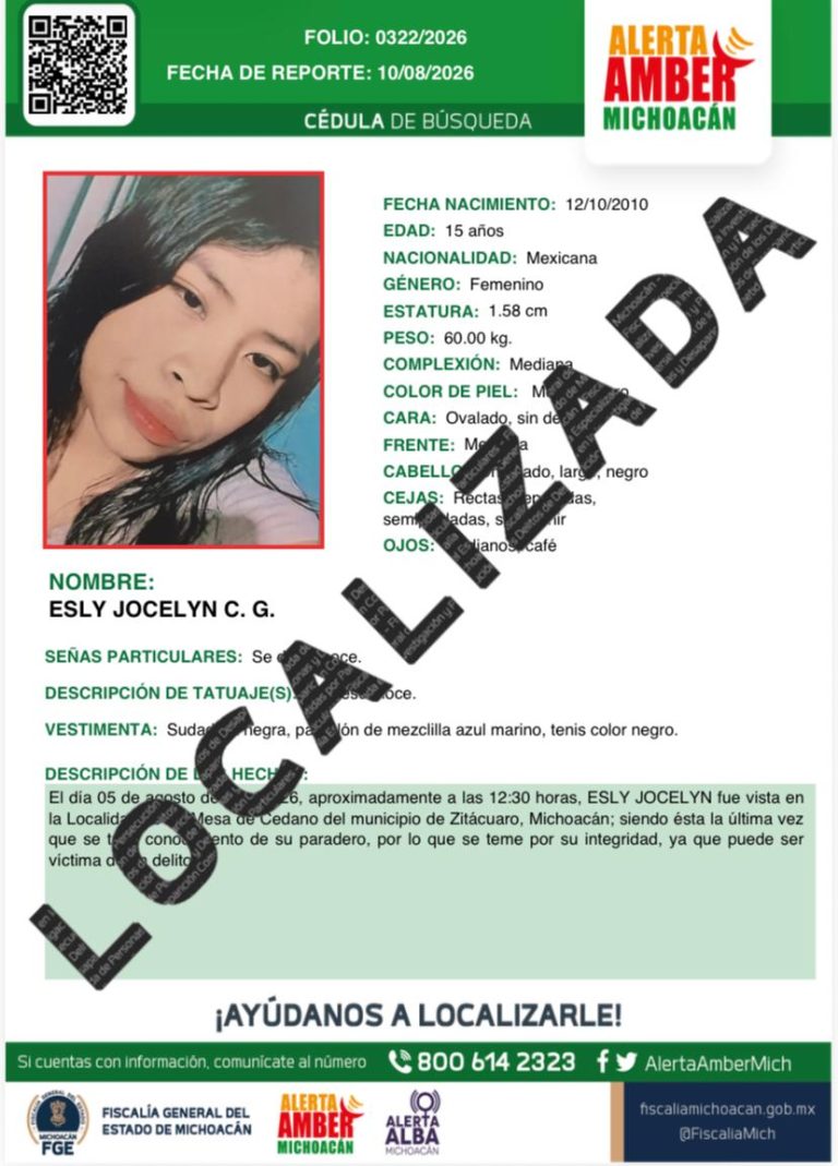 Localiza FGE a adolescente de 15 años reportada como desaparecida en Zitácuaro