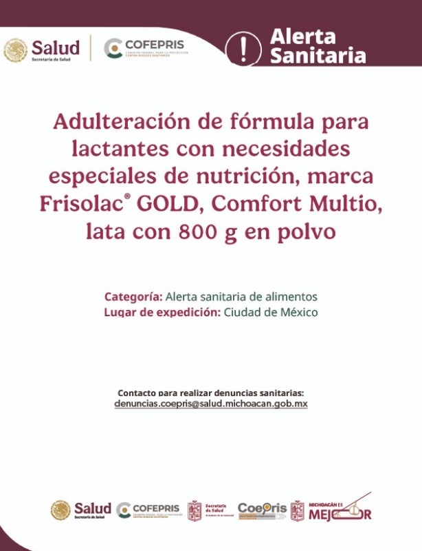 Alerta Cofepris sobre comercialización de lotes adulterados de fórmula infantil Frisolac