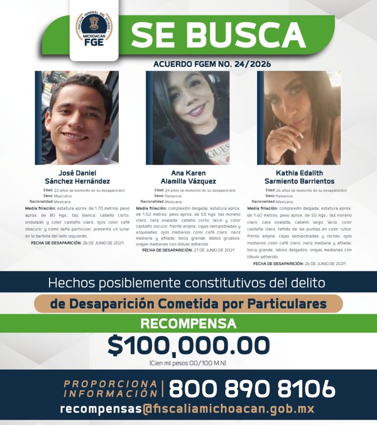 FGE ofrece recompensa de 100 mil pesos por información que permita localizar a tres personas desaparecidas