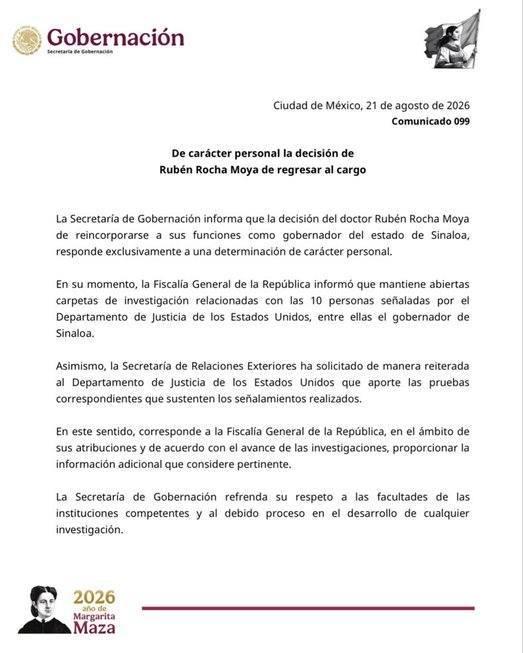 Segob aclara que el regreso de Rocha Moya a Sinaloa fue una decisión personal