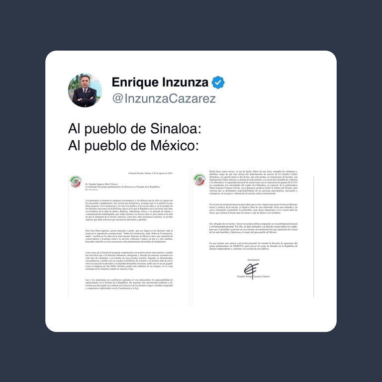 Senador Enrique Inzunza rompe con Morena y se declara independiente