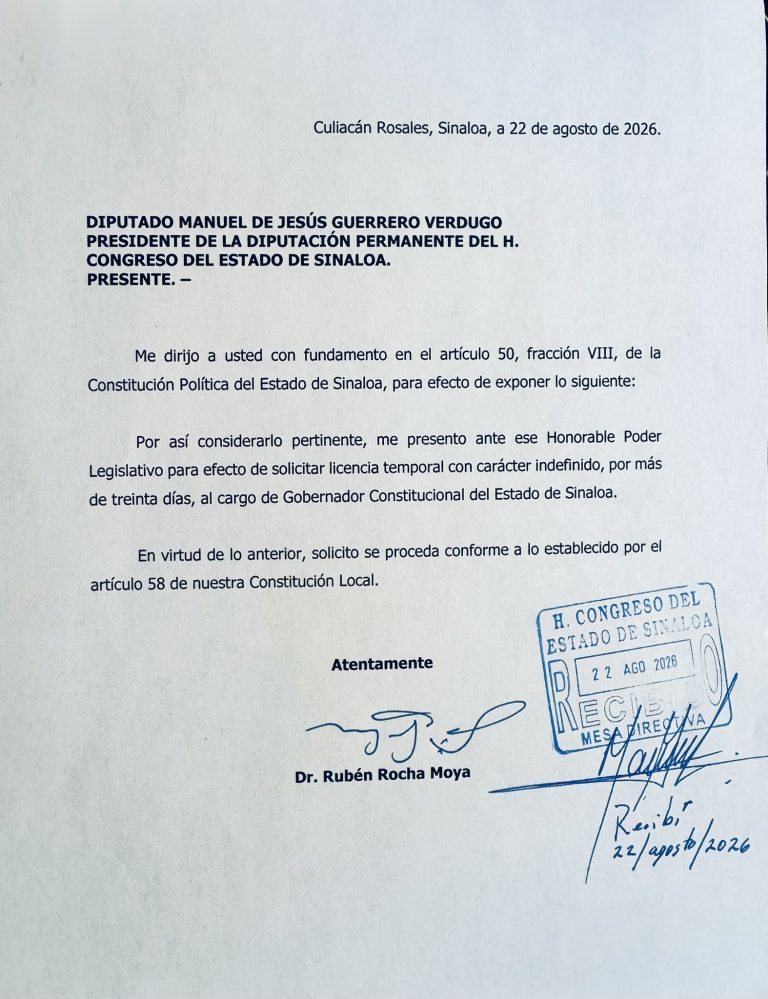 Rocha pide licencia de nuevo a la gubernatura de Sinaloa