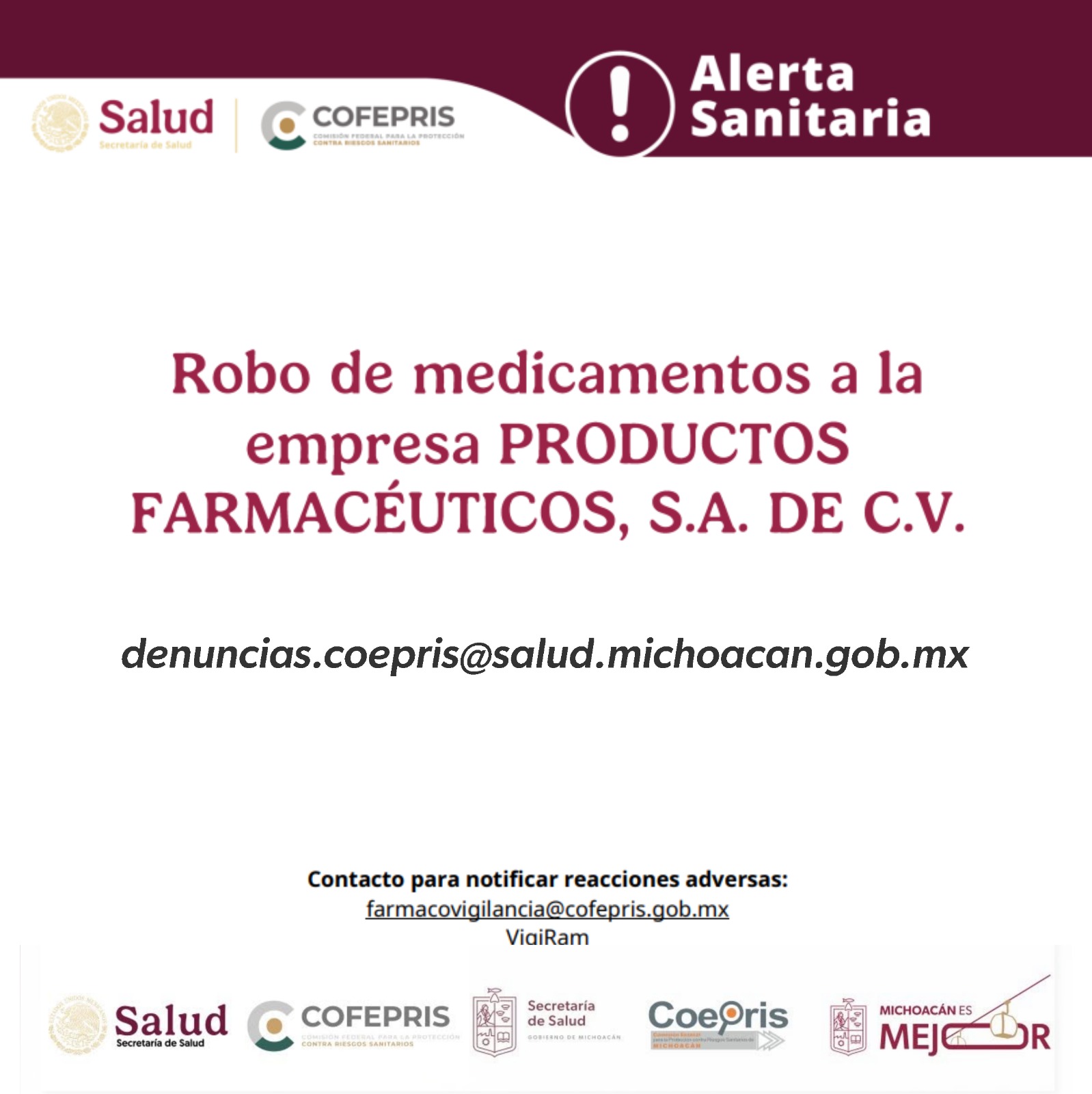 Cofepris emite alerta sanitaria por robo de medicamentos