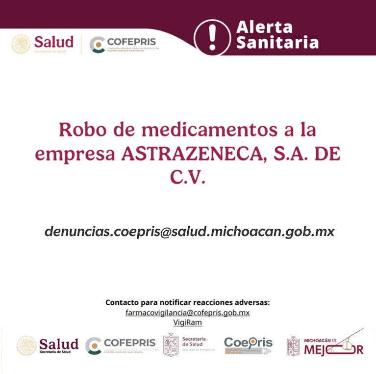 Cofepris emite alerta sanitaria por robo del medicamento dapagliflozina